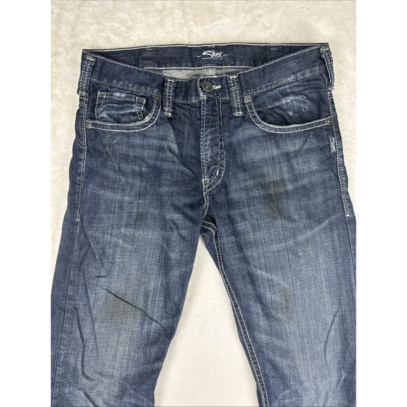 Silver Jeans Men’s Size 33 Dark Blue ZAC Selvedge Thick Stitch Faux Flap *STAIN* - Picture 2 of 16